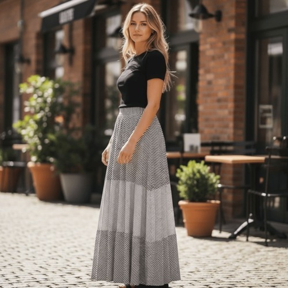 Chico's Black And White Striped Maxi Skirt Size Medium